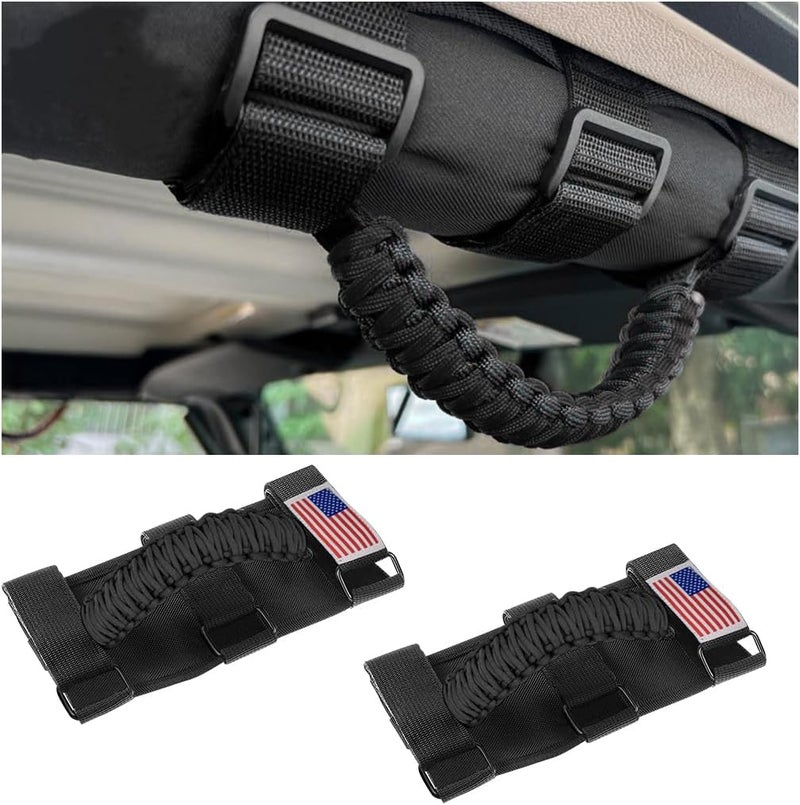 HZEL 2PCS Roll Bar Grab Handles, Oxford Cloth Upgrade Metal Buckle Paracord Grip Handles, Durable and Strong Car Accessories, Compatible with Wrangler JL, JLU, JT, JK, JKU, TJ, LJ and YJ (Black) - Image 1